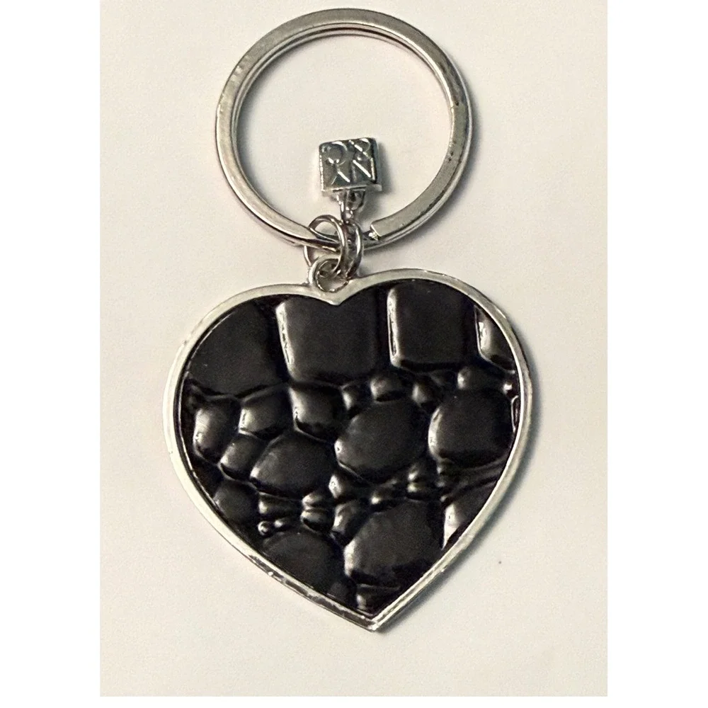 New York & Company Keychain Bag Charm Black Heart Croc Textured Silver Tone Edgy